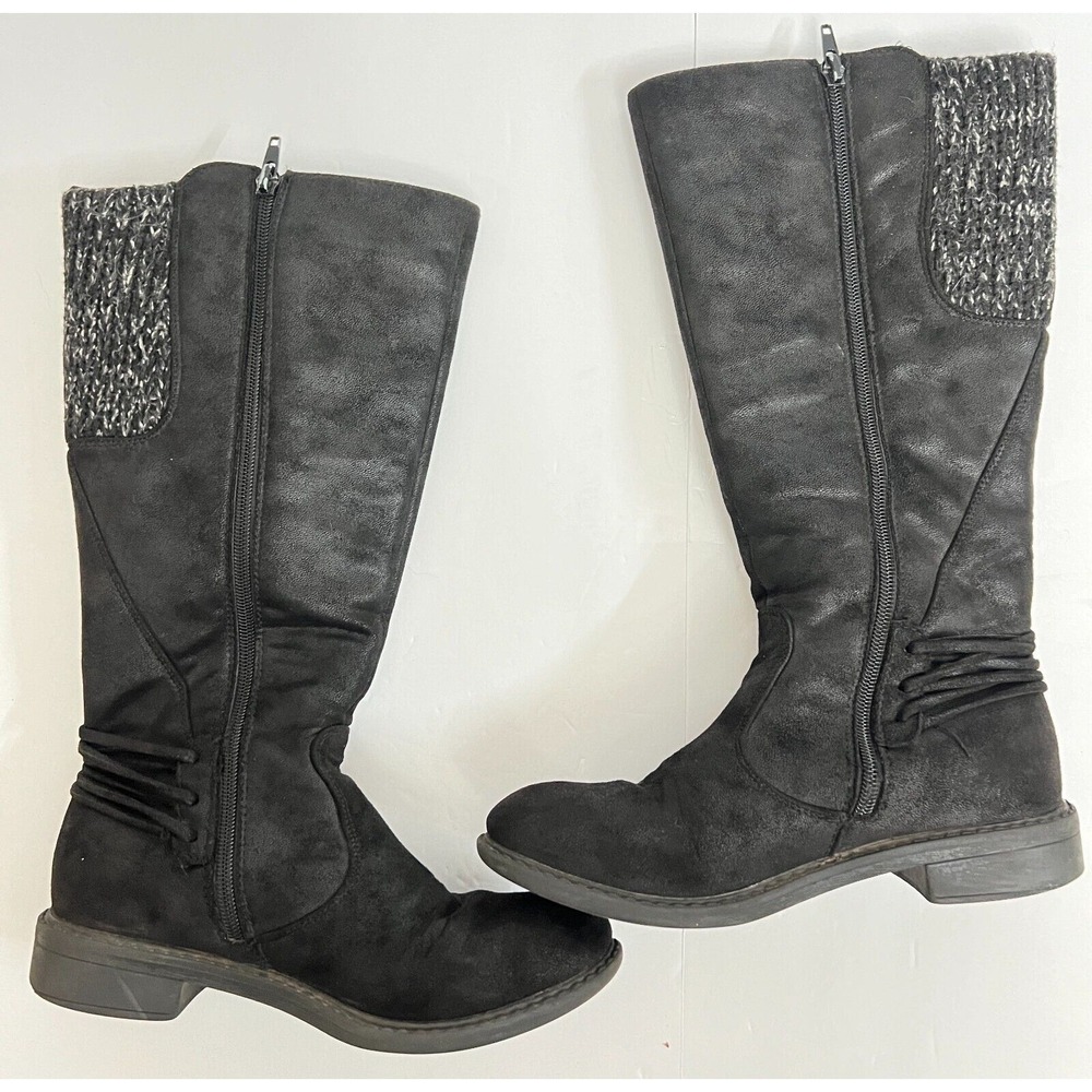 Girls Black Knit Trim Side Zip Knee High Boots - Picture 2 of 12